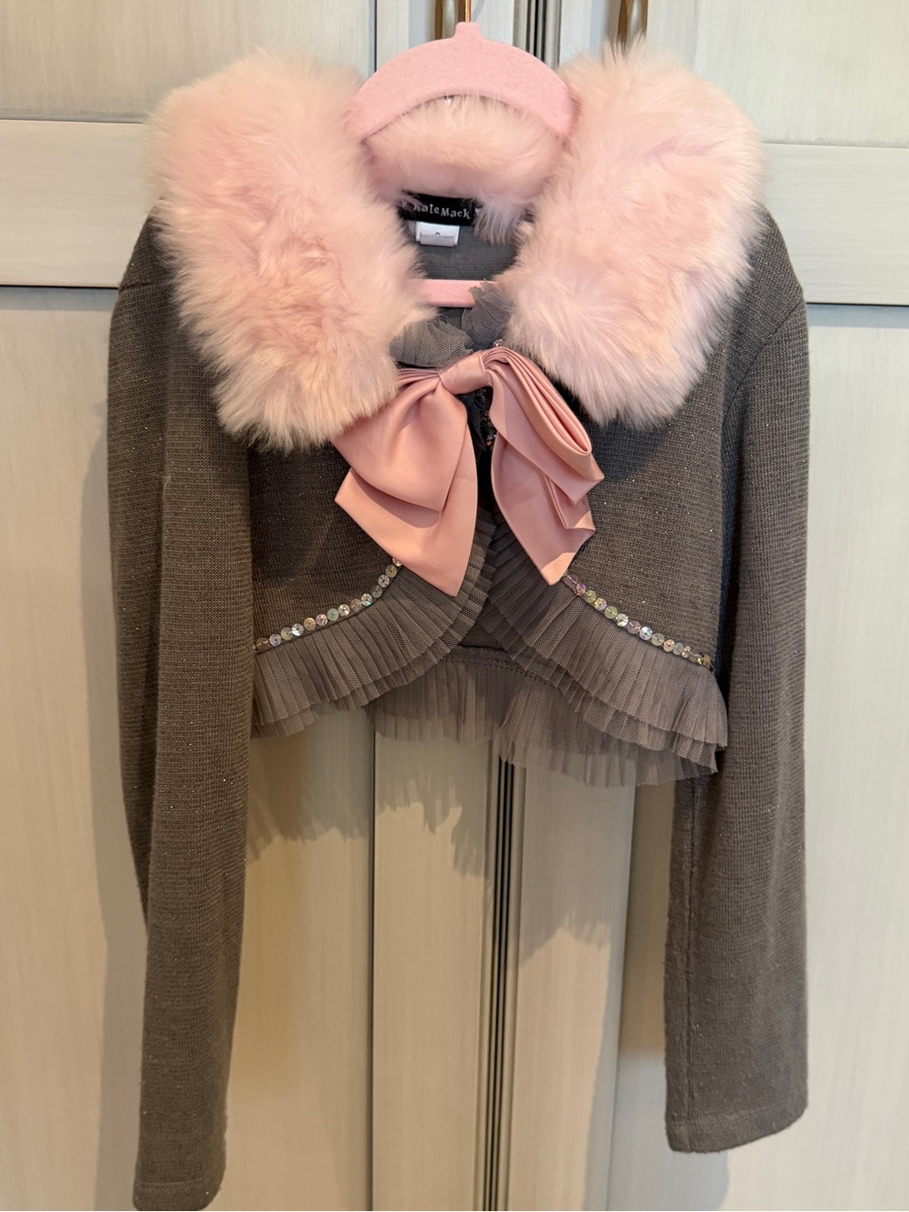 Kate Mack Gray bolero with Pink Faux Fur Collar and Bow